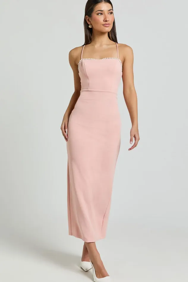 Amayla Midi Dress 8211 Strappy Pearl Trim Column Dress In Pink Women Showpo Dresses