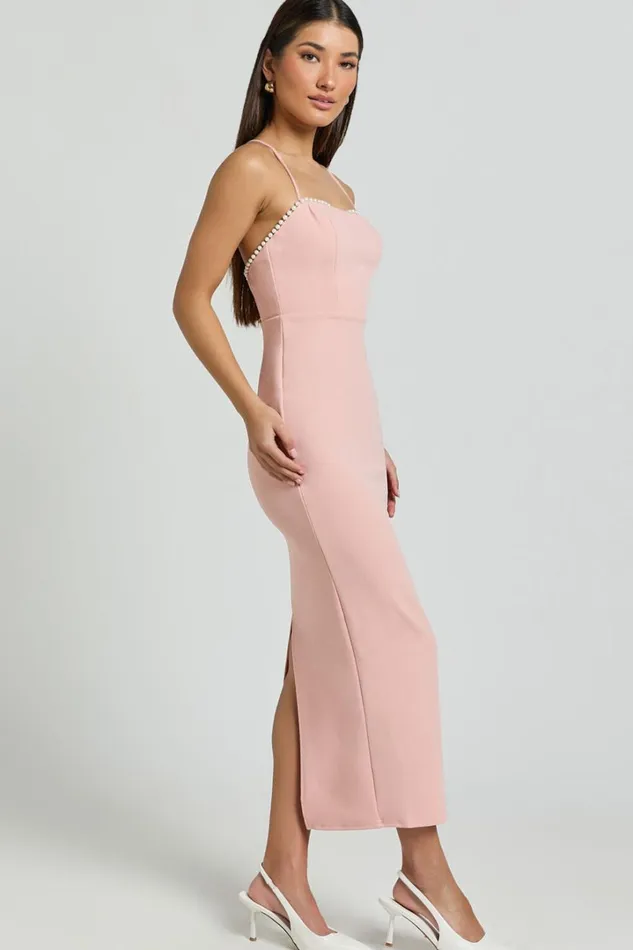 Amayla Midi Dress 8211 Strappy Pearl Trim Column Dress In Pink Women Showpo Dresses