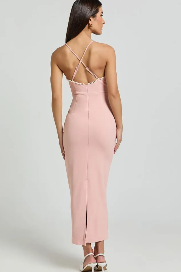 Amayla Midi Dress 8211 Strappy Pearl Trim Column Dress In Pink Women Showpo Dresses