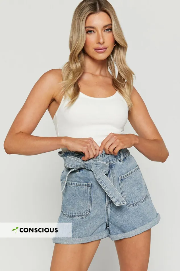 Amber Shorts 8211 Recycled Cotton Denim Shorts With Paper Bag Waist In Light Blue Wash Women Showpo Shorts Amber Shorts 8211 Recycled Cotton Denim Shorts With Paper Bag Waist In Light Blue Wash Women Showpo Shorts