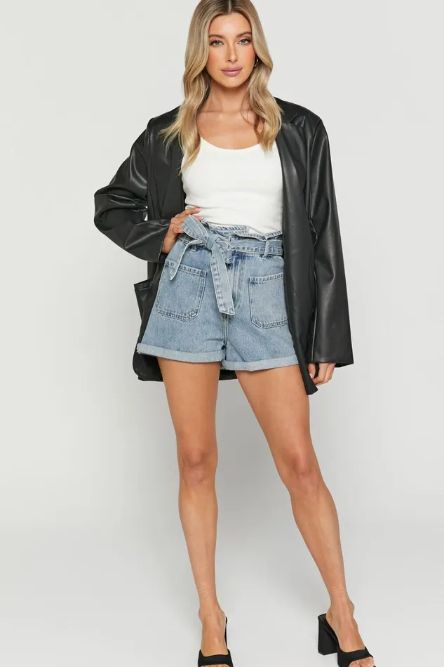 Amber Shorts 8211 Recycled Cotton Denim Shorts With Paper Bag Waist In Light Blue Wash Women Showpo Shorts