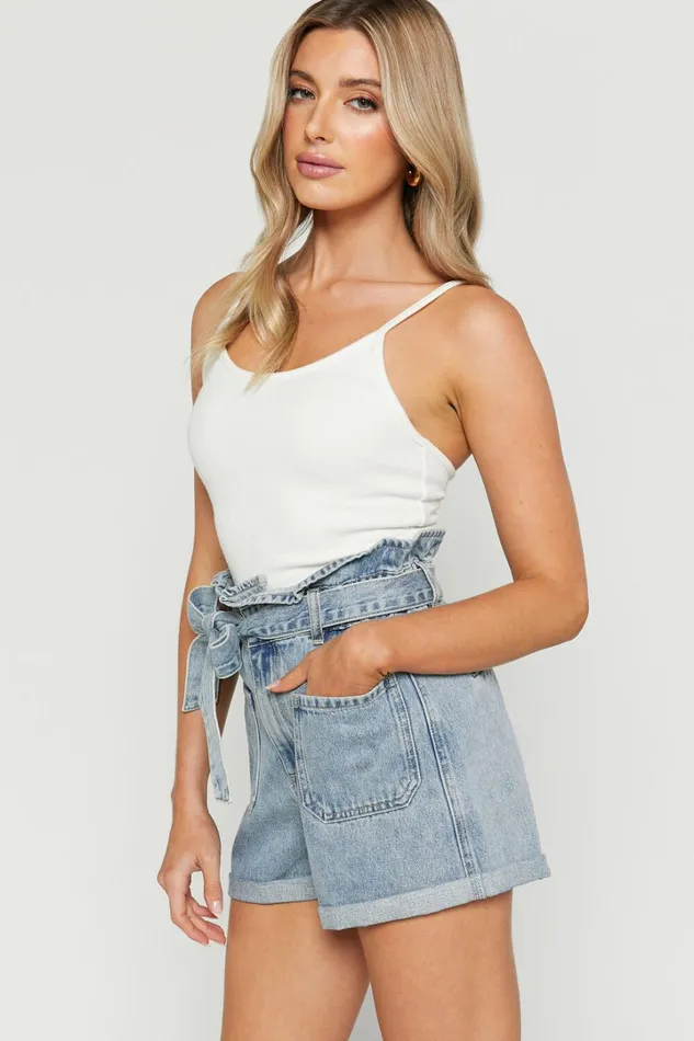 Amber Shorts 8211 Recycled Cotton Denim Shorts With Paper Bag Waist In Light Blue Wash Women Showpo Shorts