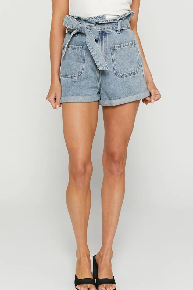 Amber Shorts 8211 Recycled Cotton Denim Shorts With Paper Bag Waist In Light Blue Wash Women Showpo Shorts