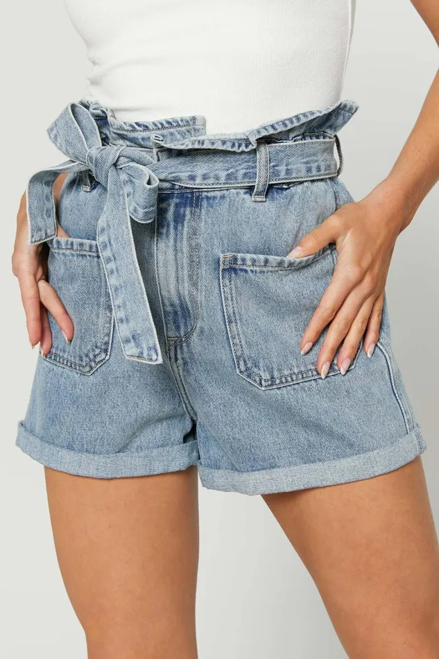 Amber Shorts 8211 Recycled Cotton Denim Shorts With Paper Bag Waist In Light Blue Wash Women Showpo Shorts