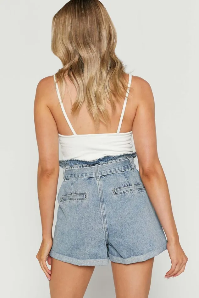Amber Shorts 8211 Recycled Cotton Denim Shorts With Paper Bag Waist In Light Blue Wash Women Showpo Shorts