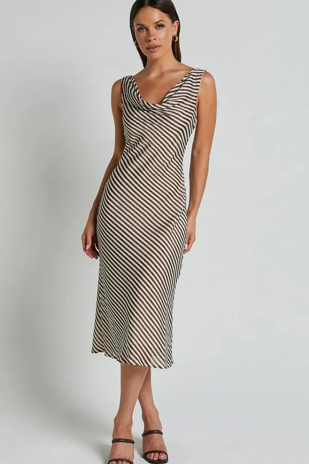 Amelia Midi Dress 8211 Cowl Neck Sleeveless Slip Dress In Chocolate Stripe Women Showpo Dresses