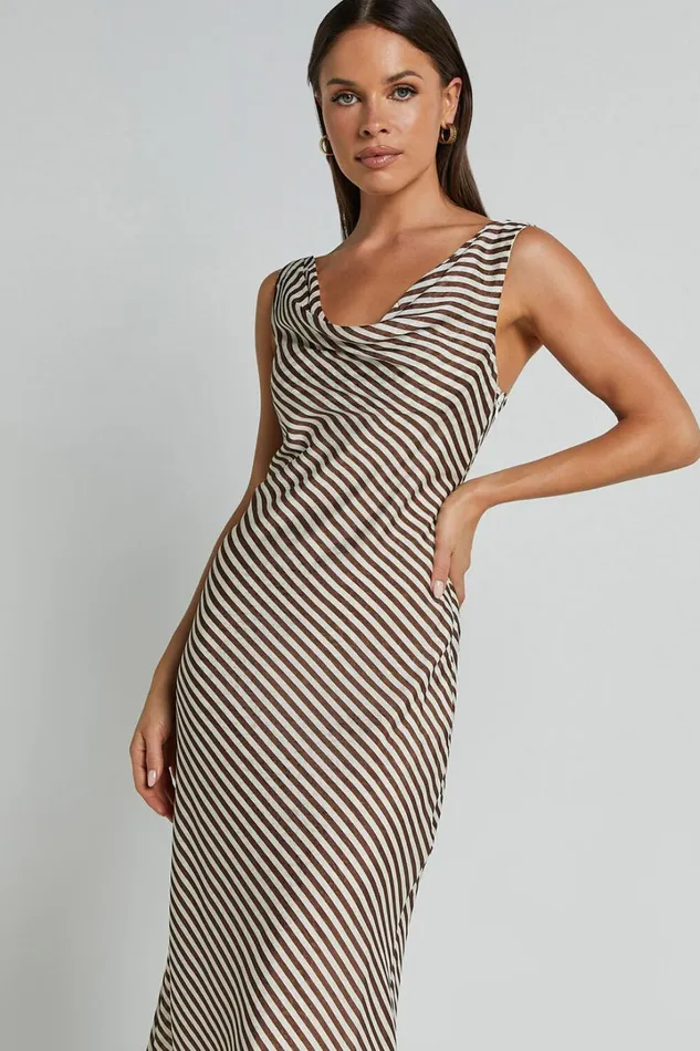 Amelia Midi Dress 8211 Cowl Neck Sleeveless Slip Dress In Chocolate Stripe Women Showpo Dresses