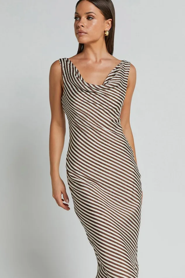 Amelia Midi Dress 8211 Cowl Neck Sleeveless Slip Dress In Chocolate Stripe Women Showpo Dresses
