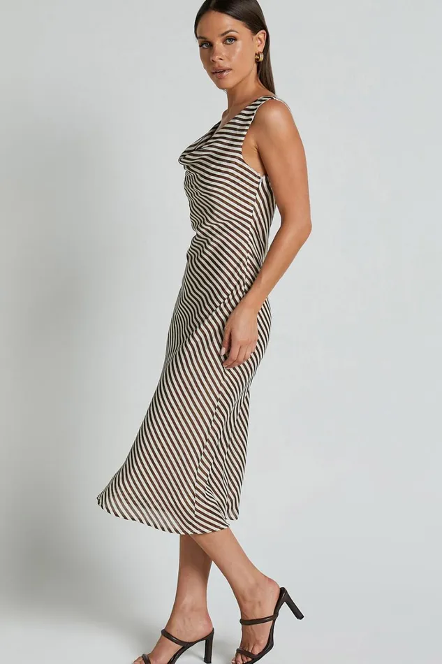 Amelia Midi Dress 8211 Cowl Neck Sleeveless Slip Dress In Chocolate Stripe Women Showpo Dresses