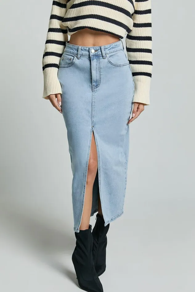 Anaya Midi Skirt 8211 Denim Skirt In Light Blue Wash Women Showpo Curve Clothes