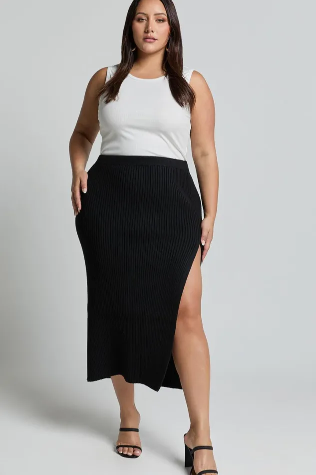 Andalucia Midi Skirt 8211 Ribbed Side Split Skirt In Black Women Showpo Curve Clothes