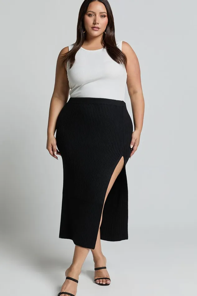 Andalucia Midi Skirt 8211 Ribbed Side Split Skirt In Black Women Showpo Curve Clothes