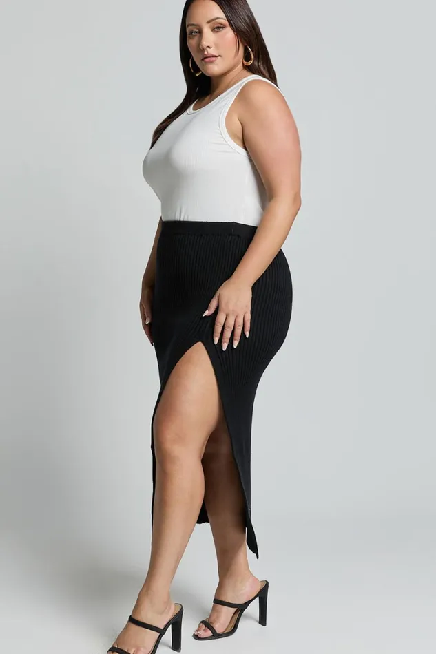 Andalucia Midi Skirt 8211 Ribbed Side Split Skirt In Black Women Showpo Curve Clothes