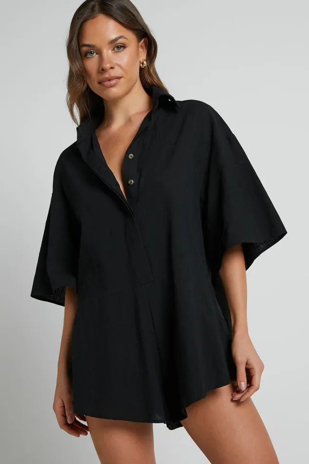 Ankana Playsuit 8211 Short Sleeve Relaxed Button Front Playsuit In Black Women Showpo Maternity Clothes Ankana Playsuit 8211 Short Sleeve Relaxed Button Front Playsuit In Black Women Showpo Maternity Clothes