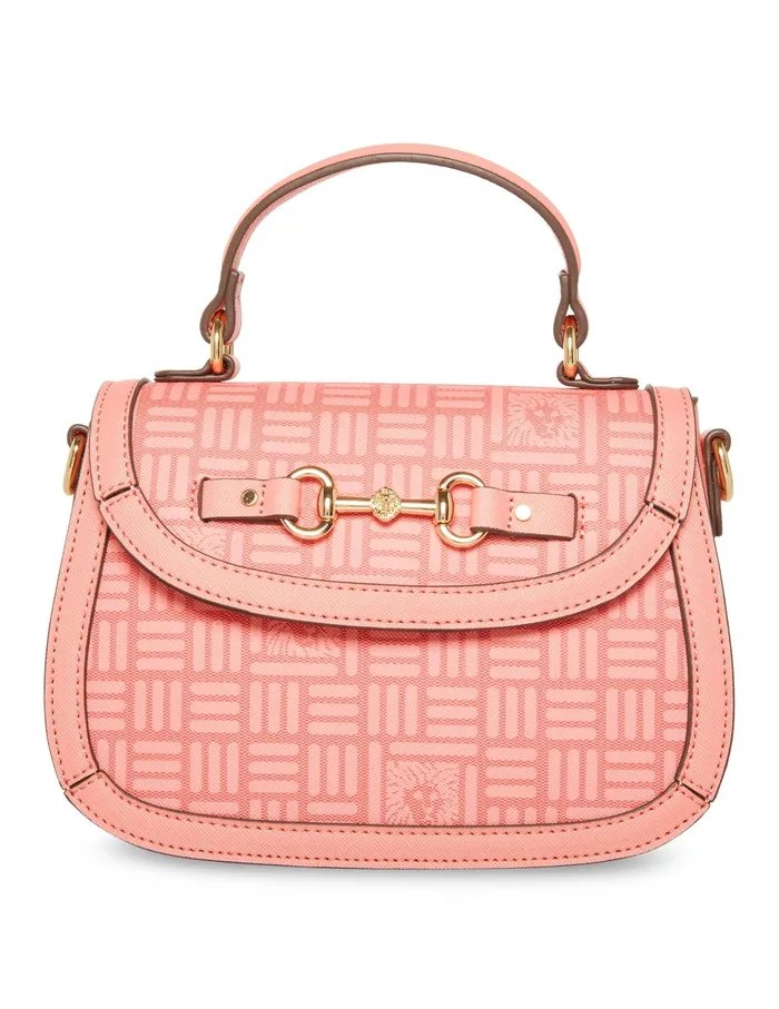 Anne Klein Horsebit Flap Satchel In Tile Lion Logo Coral Pink Tonal Women Handbags