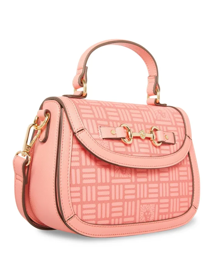 Anne Klein Horsebit Flap Satchel In Tile Lion Logo Coral Pink Tonal Women Handbags