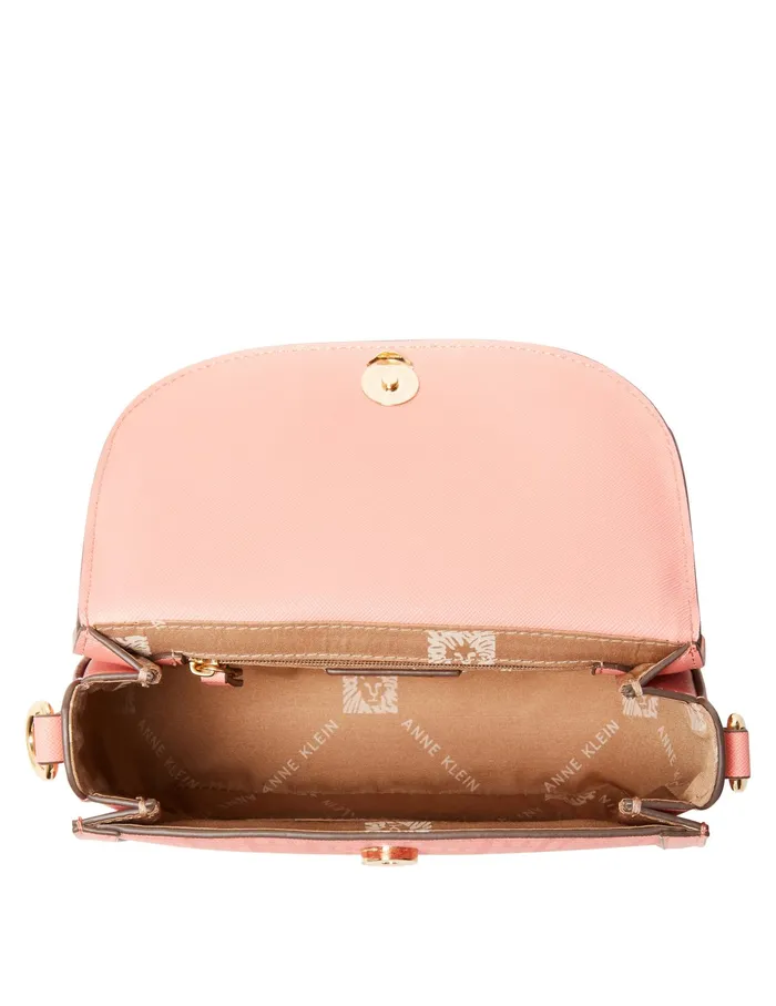 Anne Klein Horsebit Flap Satchel In Tile Lion Logo Coral Pink Tonal Women Handbags