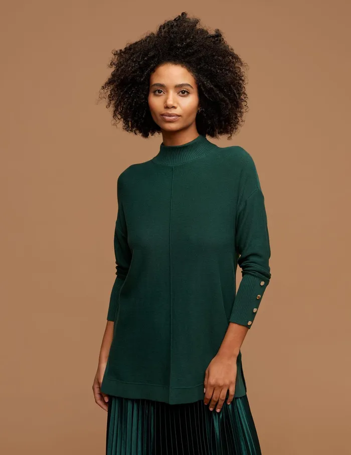 Anne Klein Mock Neck Long Sleeve Sweater With Buttons Pine Forest Women Clothing