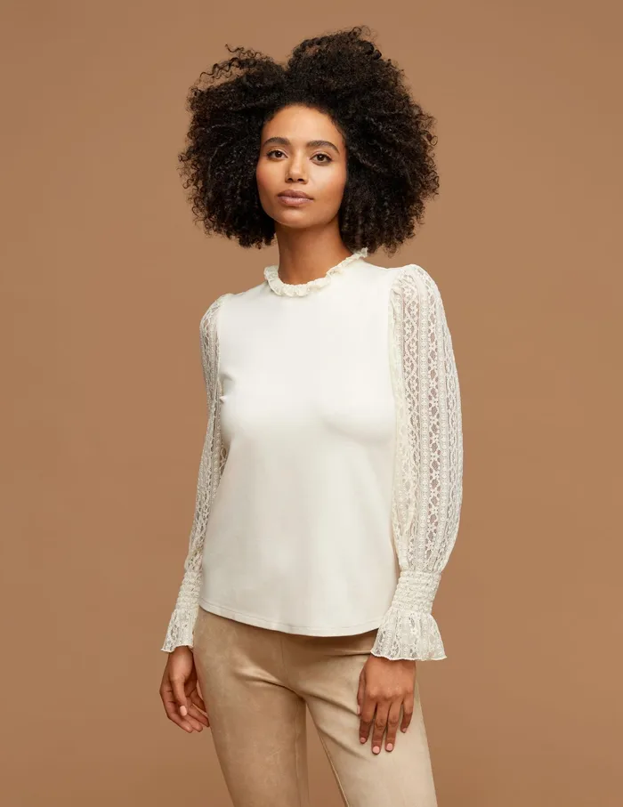 Anne Klein Ruffle Neck Top With Lace Sleeves Anne White Women Clothing