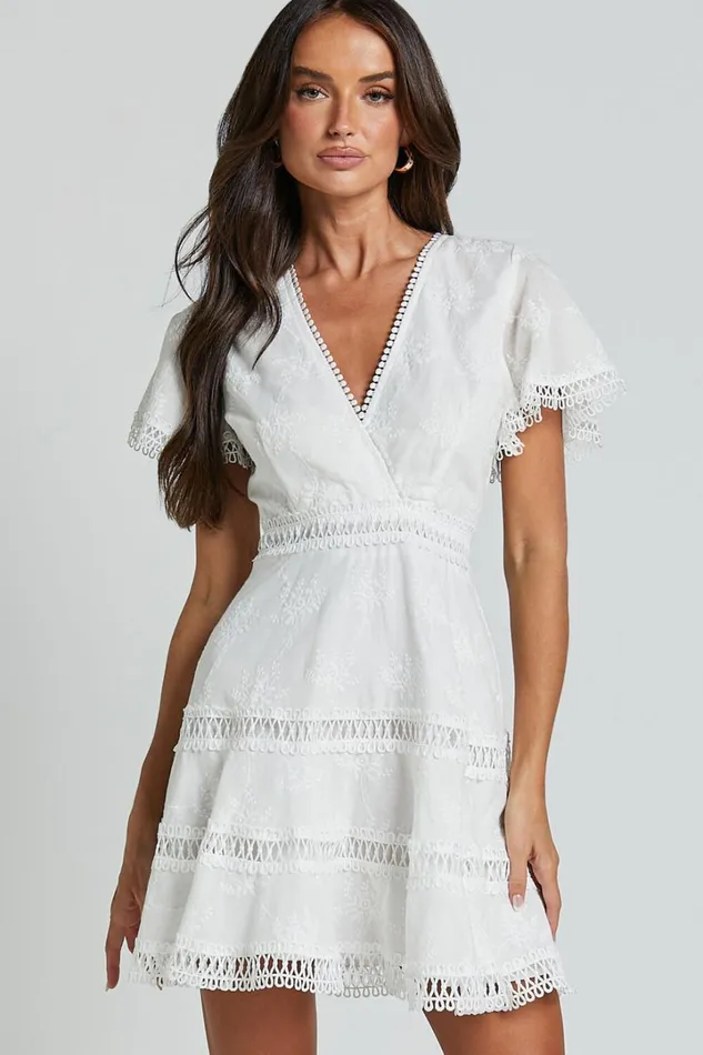 Ariana Mini Dress 8211 V Neck Flutter Sleeve A Line In White Women Showpo Curve Clothes