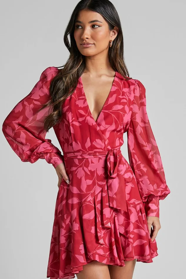 Aronia Mini Dress 8211 V Neck Long Bishop Sleeve Ruffle Hem Wrap Dress In Havana Silhouette Floral Women Showpo Dresses Aronia Mini Dress 8211 V Neck Long Bishop Sleeve Ruffle Hem Wrap Dress In Havana Silhouette Floral Women Showpo Dresses