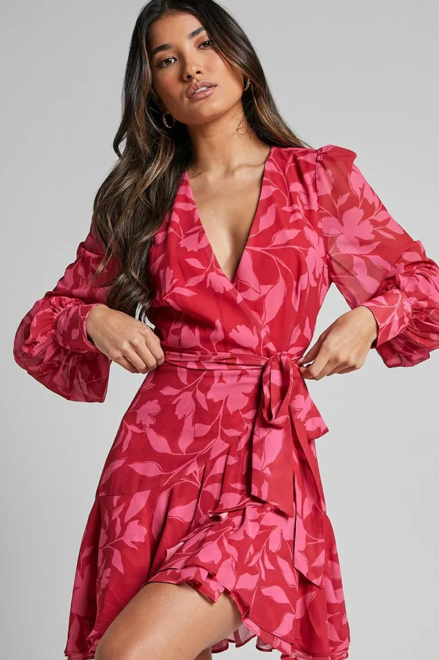 Aronia Mini Dress 8211 V Neck Long Bishop Sleeve Ruffle Hem Wrap Dress In Havana Silhouette Floral Women Showpo Dresses