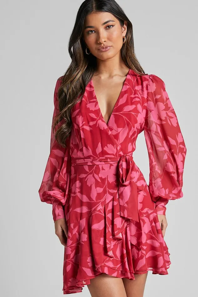 Aronia Mini Dress 8211 V Neck Long Bishop Sleeve Ruffle Hem Wrap Dress In Havana Silhouette Floral Women Showpo Dresses