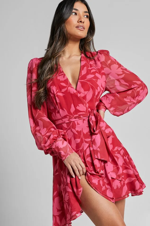 Aronia Mini Dress 8211 V Neck Long Bishop Sleeve Ruffle Hem Wrap Dress In Havana Silhouette Floral Women Showpo Dresses