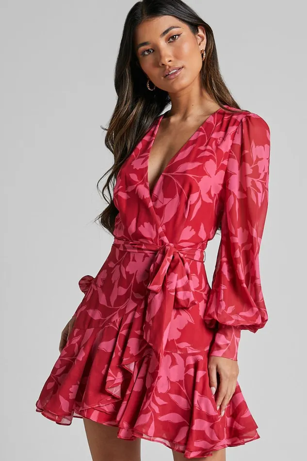 Aronia Mini Dress 8211 V Neck Long Bishop Sleeve Ruffle Hem Wrap Dress In Havana Silhouette Floral Women Showpo Dresses