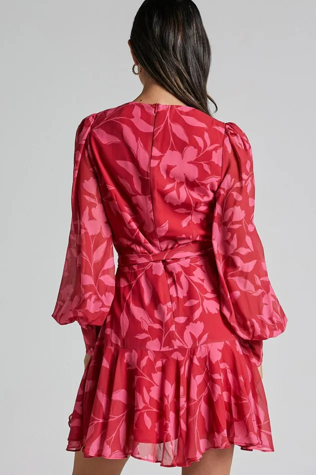 Aronia Mini Dress 8211 V Neck Long Bishop Sleeve Ruffle Hem Wrap Dress In Havana Silhouette Floral Women Showpo Dresses