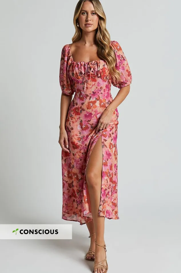 Austen Midi Dress 8211 Short Puff Sleeve Thigh Split Dress In Apricot Blossom Women Showpo Conscious