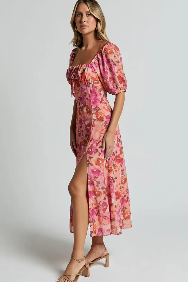 Austen Midi Dress 8211 Short Puff Sleeve Thigh Split Dress In Apricot Blossom Women Showpo Conscious