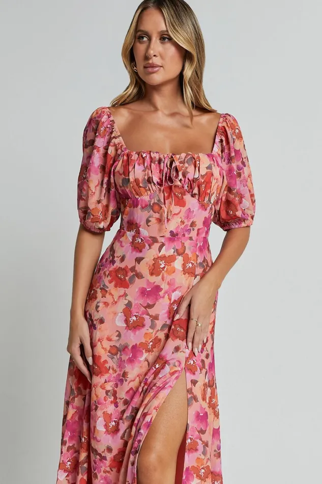 Austen Midi Dress 8211 Short Puff Sleeve Thigh Split Dress In Apricot Blossom Women Showpo Conscious