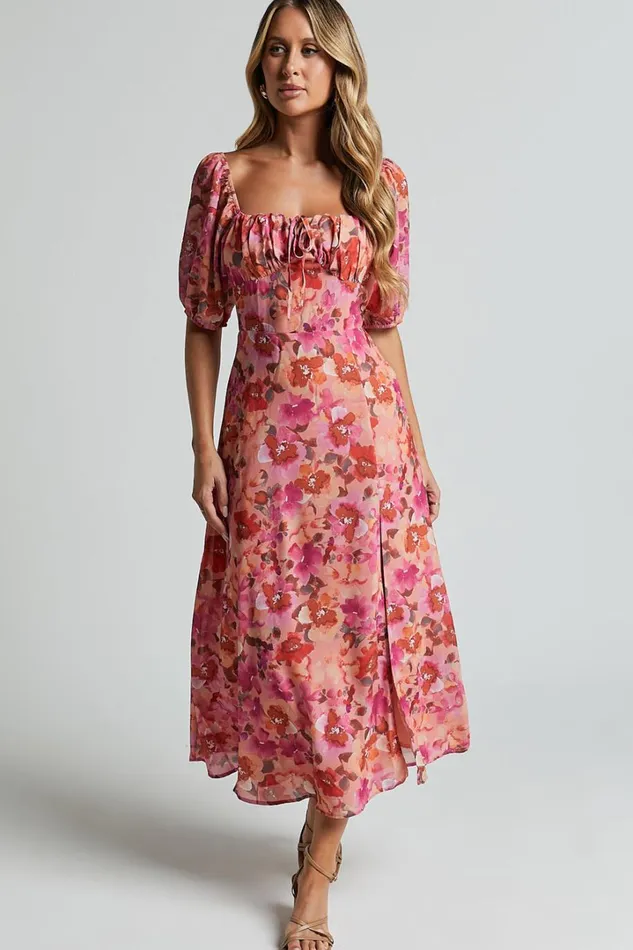 Austen Midi Dress 8211 Short Puff Sleeve Thigh Split Dress In Apricot Blossom Women Showpo Conscious