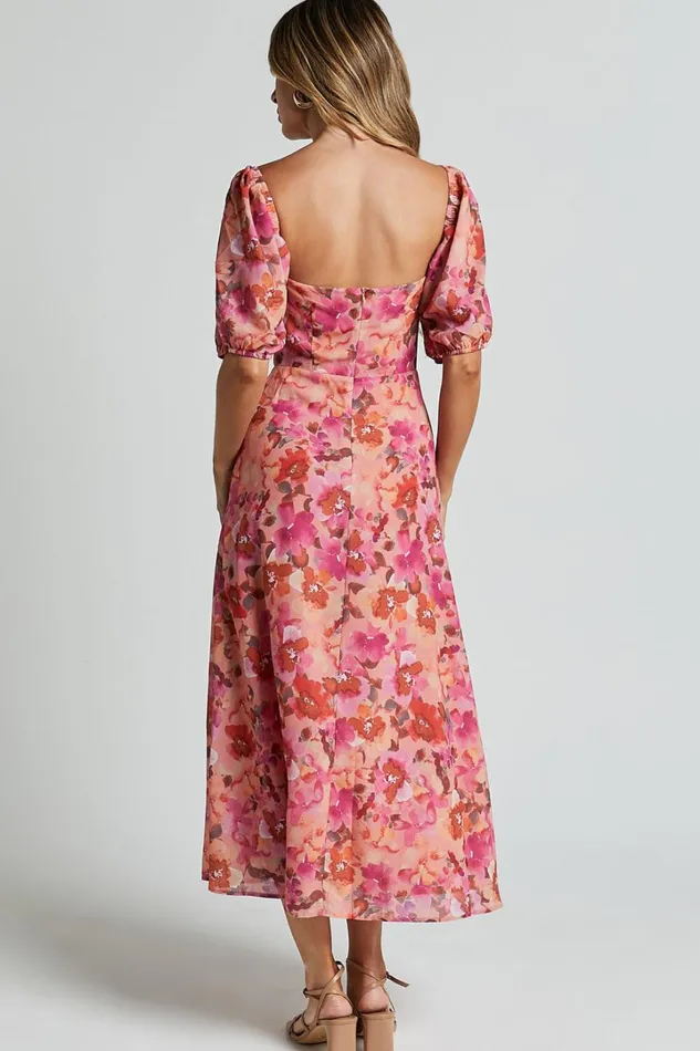 Austen Midi Dress 8211 Short Puff Sleeve Thigh Split Dress In Apricot Blossom Women Showpo Conscious