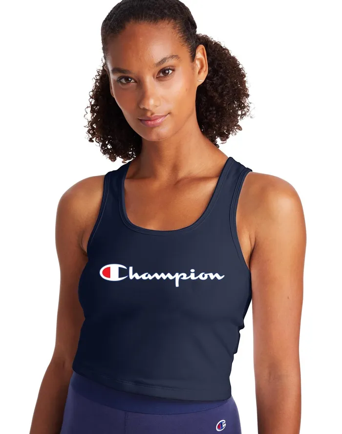 Authentic Crop Top Script Logo Athletic Navy Women Champion TShirts and Tops