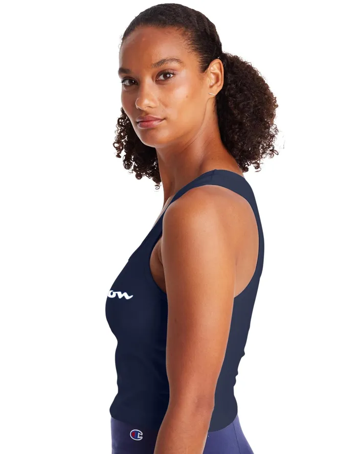 Authentic Crop Top Script Logo Athletic Navy Women Champion TShirts and Tops