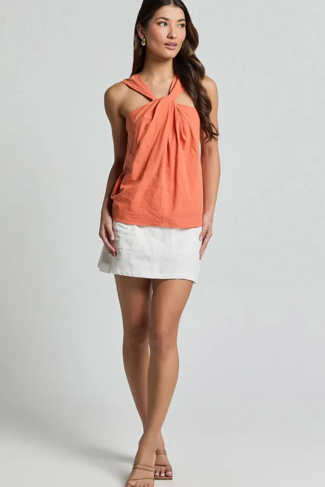 Avayah Top 8211 Linen Look Twist Halter Neck In Burnt Orange Women Showpo Tops