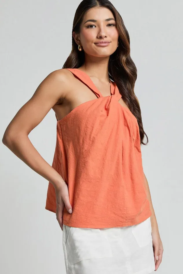 Avayah Top 8211 Linen Look Twist Halter Neck In Burnt Orange Women Showpo Tops