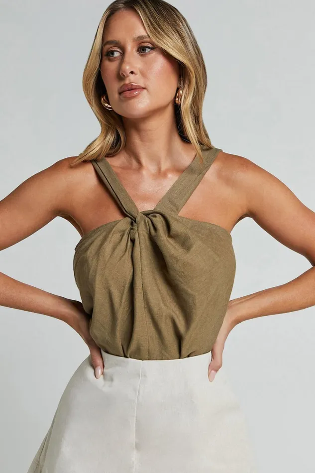 Avayah Top 8211 Linen Look Twist Halter Neck In Dark Olive Women Showpo Tops