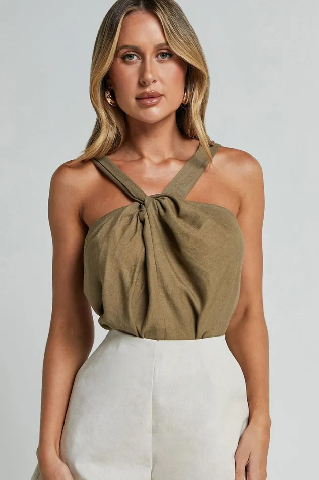 Avayah Top 8211 Linen Look Twist Halter Neck In Dark Olive Women Showpo Tops