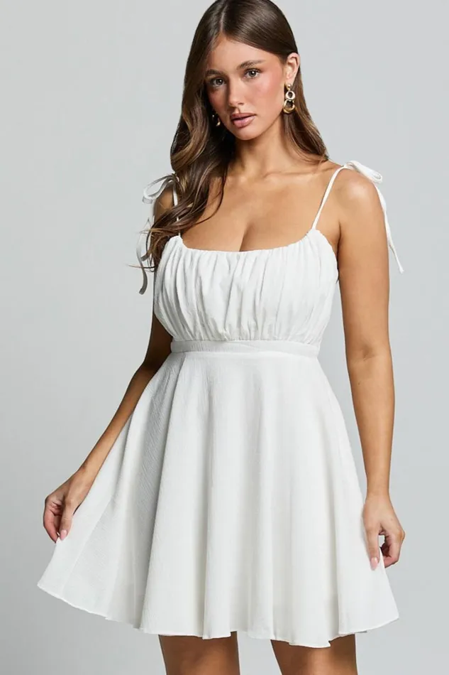 Aziah Mini Dress 8211 Tie Shoulder Ruched Bodice Dress In White Women Showpo Curve Clothes