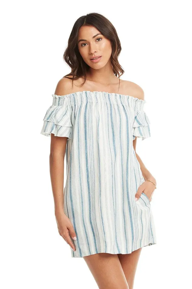 BEACHY LINEN SMOCKED OFF SHOULDER FLOUNCY SS MINI DRESS Womens Dresses Chaser Brand