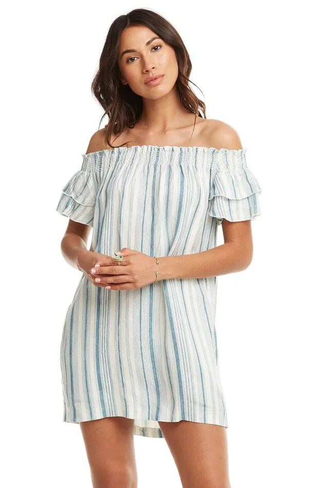 BEACHY LINEN SMOCKED OFF SHOULDER FLOUNCY SS MINI DRESS Womens Dresses Chaser Brand