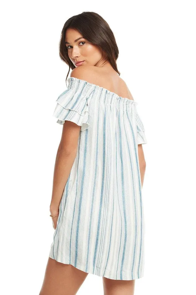 BEACHY LINEN SMOCKED OFF SHOULDER FLOUNCY SS MINI DRESS Womens Dresses Chaser Brand