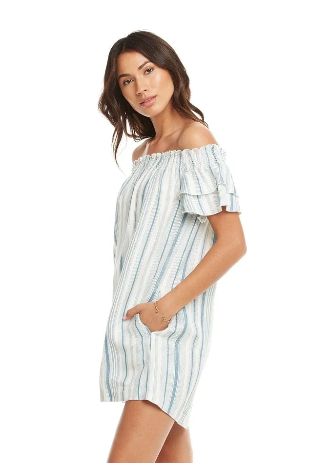 BEACHY LINEN SMOCKED OFF SHOULDER FLOUNCY SS MINI DRESS Womens Dresses Chaser Brand