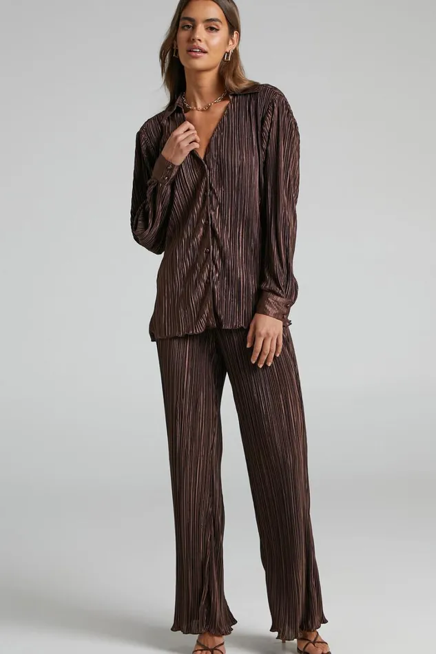 Beca Pants 8211 High Waisted Plisse Flared Pants In Chocolate Women Showpo Curve Clothes