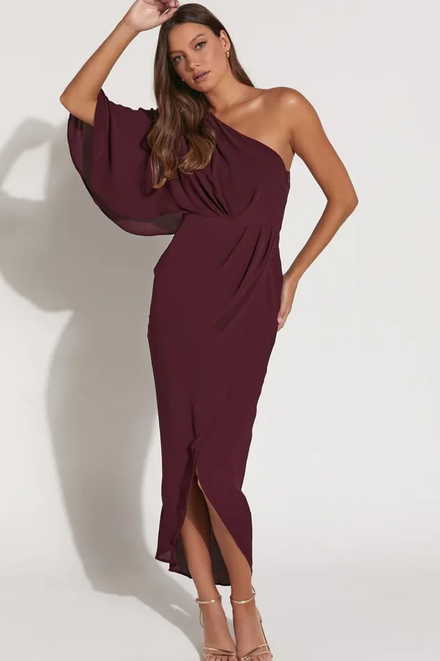 Belmira Midi Dress 8211 One Shoulder Asymmetrical Short Sleeve Split Dress In Merlot Women Showpo Dresses Belmira Midi Dress 8211 One Shoulder Asymmetrical Short Sleeve Split Dress In Merlot Women Showpo Dresses