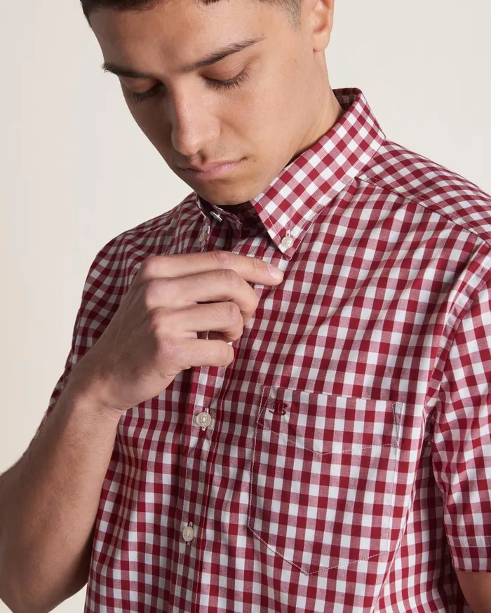 Ben Sherman Heritage Check Shirts Men Short Sleeve House Poplin Gingham Shirt 8211 Merlot