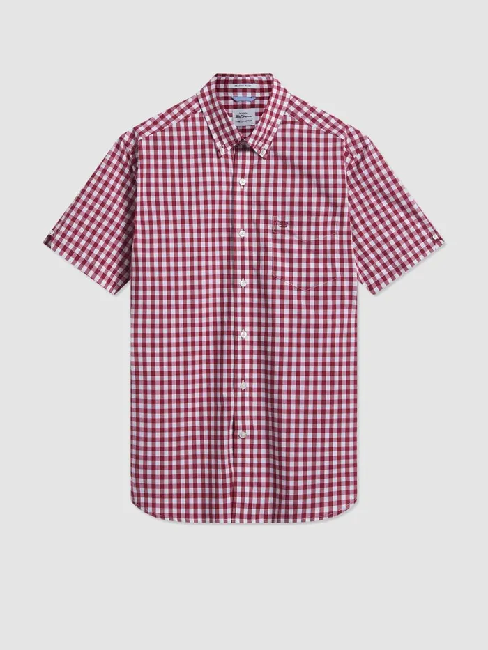 Ben Sherman Heritage Check Shirts Men Short Sleeve House Poplin Gingham Shirt 8211 Merlot